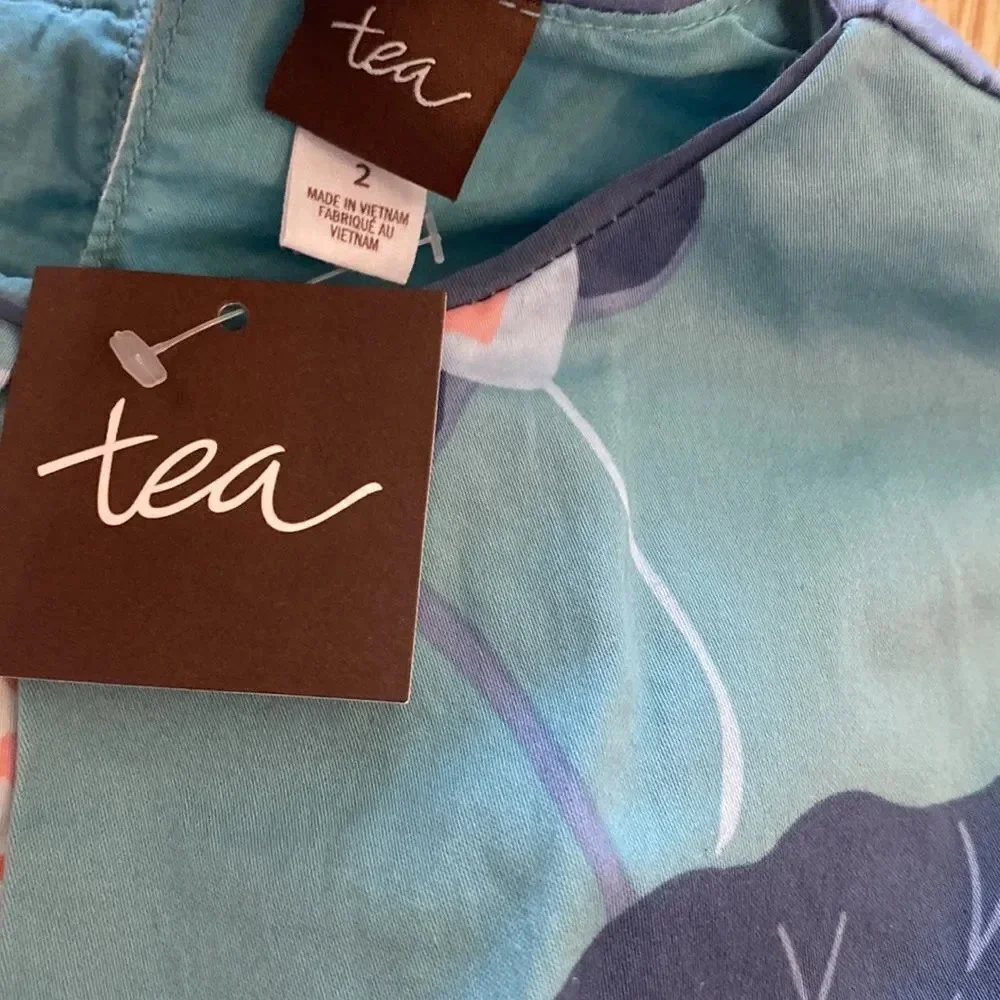 Tea Collection sz 2T blue pink white water lily and crane dress NWT cotton